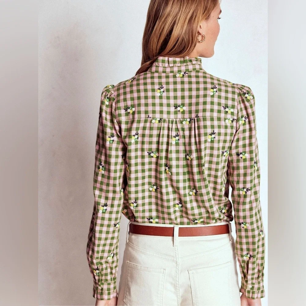 Boden Helena Brushed Cotton Ruffled Gingham and Floral Embroidered Blouse -US 8 - Picture 4 of 11
